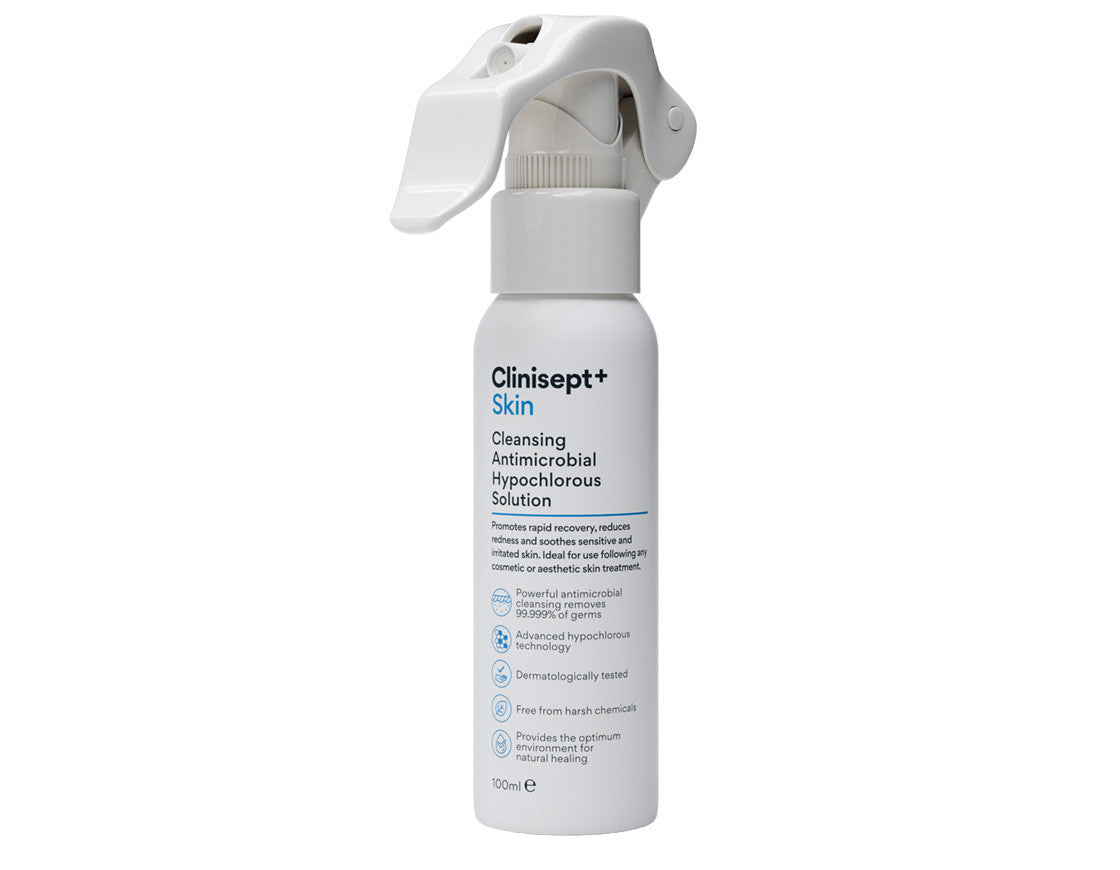 Clinisept+ Skin 100ml, a white trigger spray bottle of cleansing hypochlorous solution