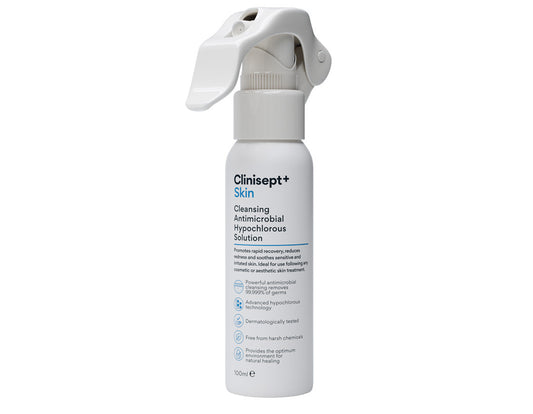 Clinisept+ Skin 100ml, a white trigger spray bottle of cleansing hypochlorous solution