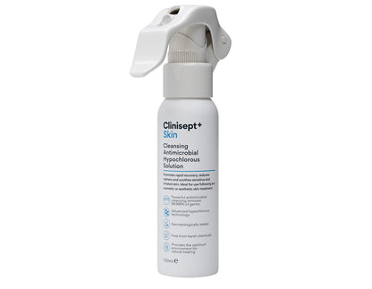 Clinisept+ Skin 100ml, a white trigger spray bottle of cleansing hypochlorous solution