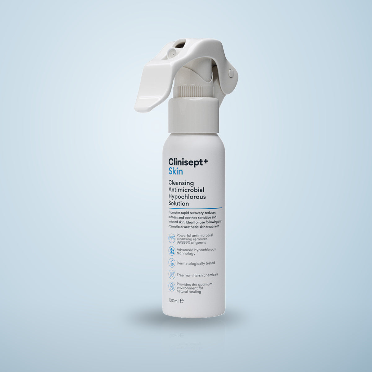Clinisept+ Skin 100ml, a white trigger spray bottle of cleansing hypochlorous solution, on a pale blue background